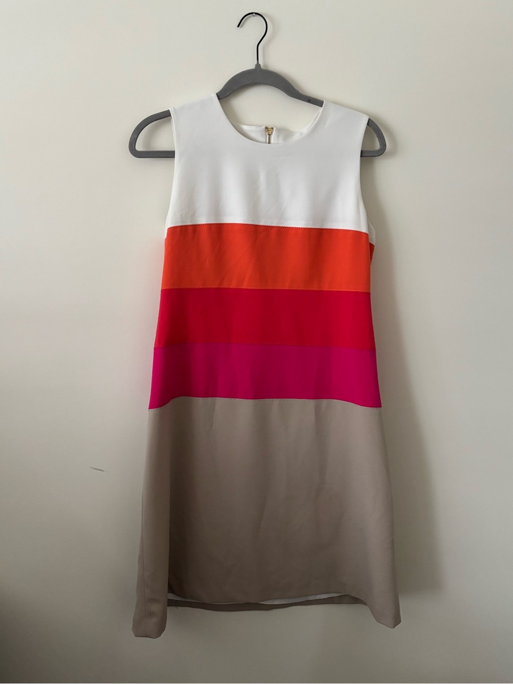 Colorblock Sleeveless Shift Dress in White, Orange, Pink, Fuchsia, and Taupe